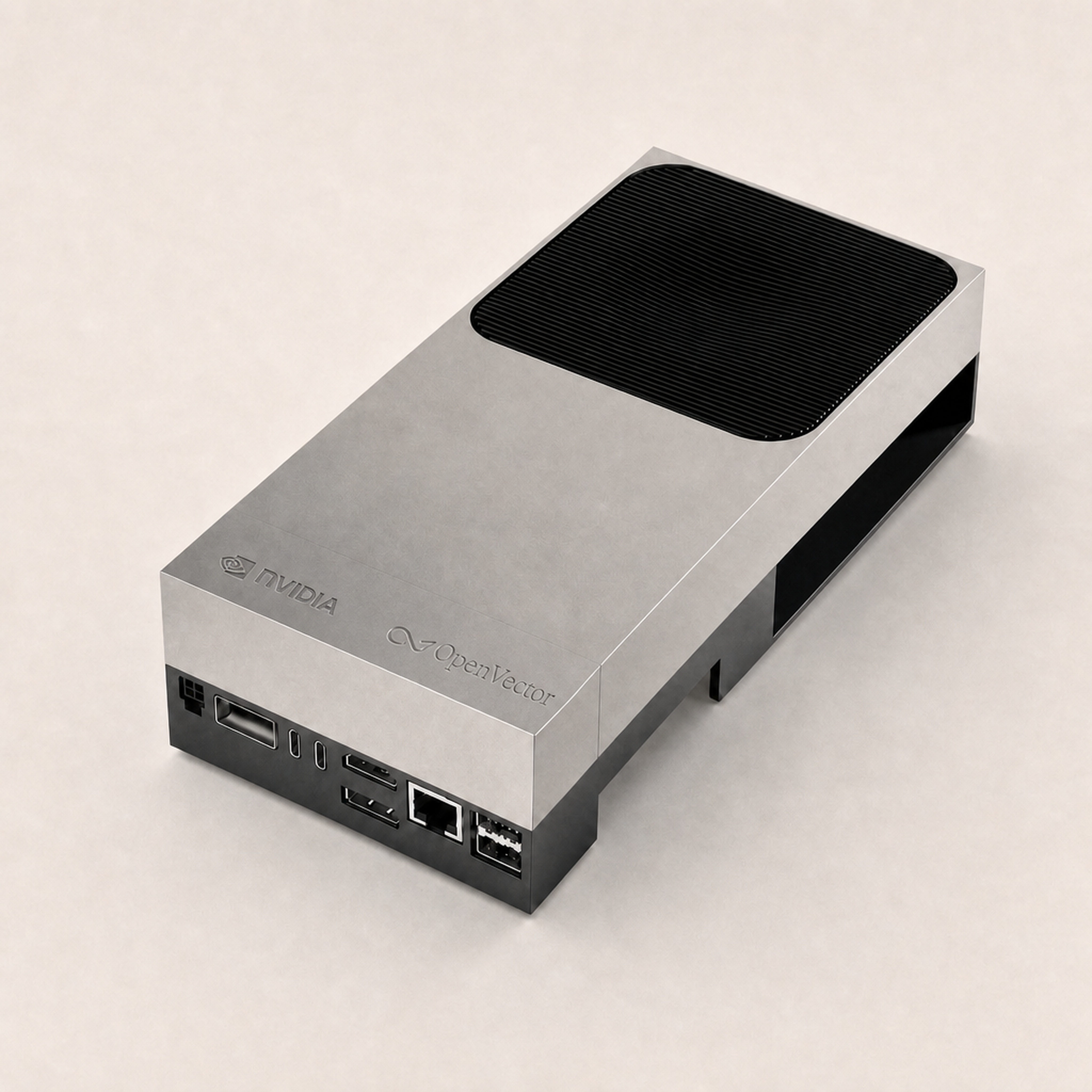 OpenVector-branded NVIDIA Jetson AGX Thor station with a precision-engraved logo