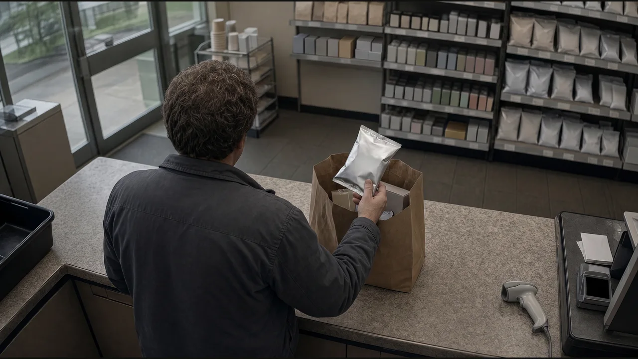 Checkout camera: a shopper holds a plain silver packet above a brown shopping bag, with the scanner resting separately on the counter.