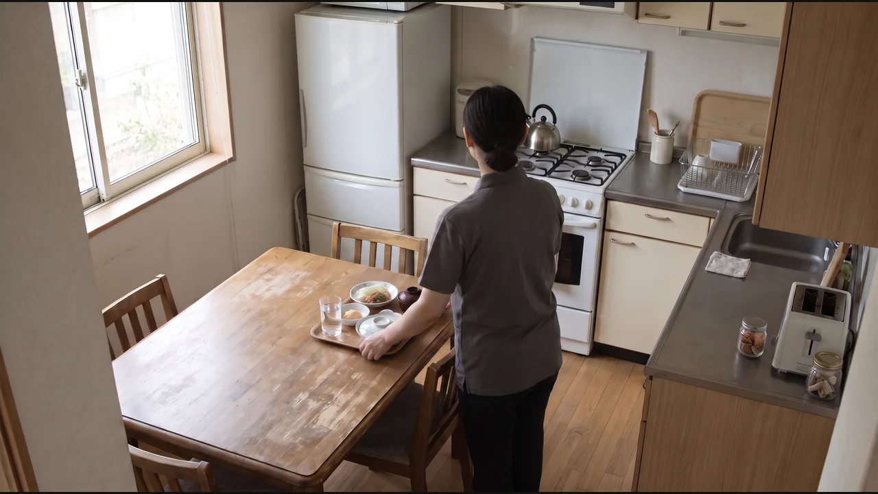Kitchen camera: a caregiver, seen from behind, finishes arranging a prepared meal tray on a wooden table.