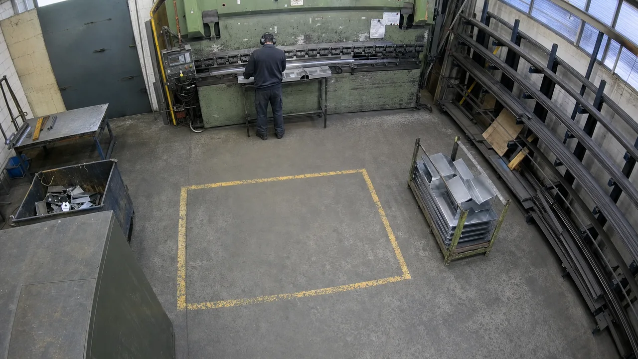 Second metal-fabrication camera: the same empty yellow staging bay is seen from a higher angle, with folded steel parts to the right and the press brake beyond it.