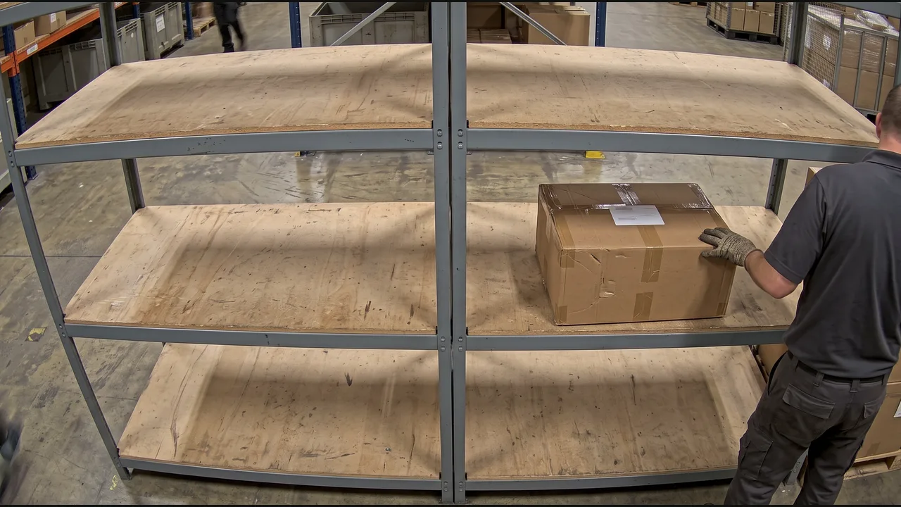 Generated warehouse camera scene: a worker releases a brown parcel in the right shelf bay; the adjacent left bay is empty.