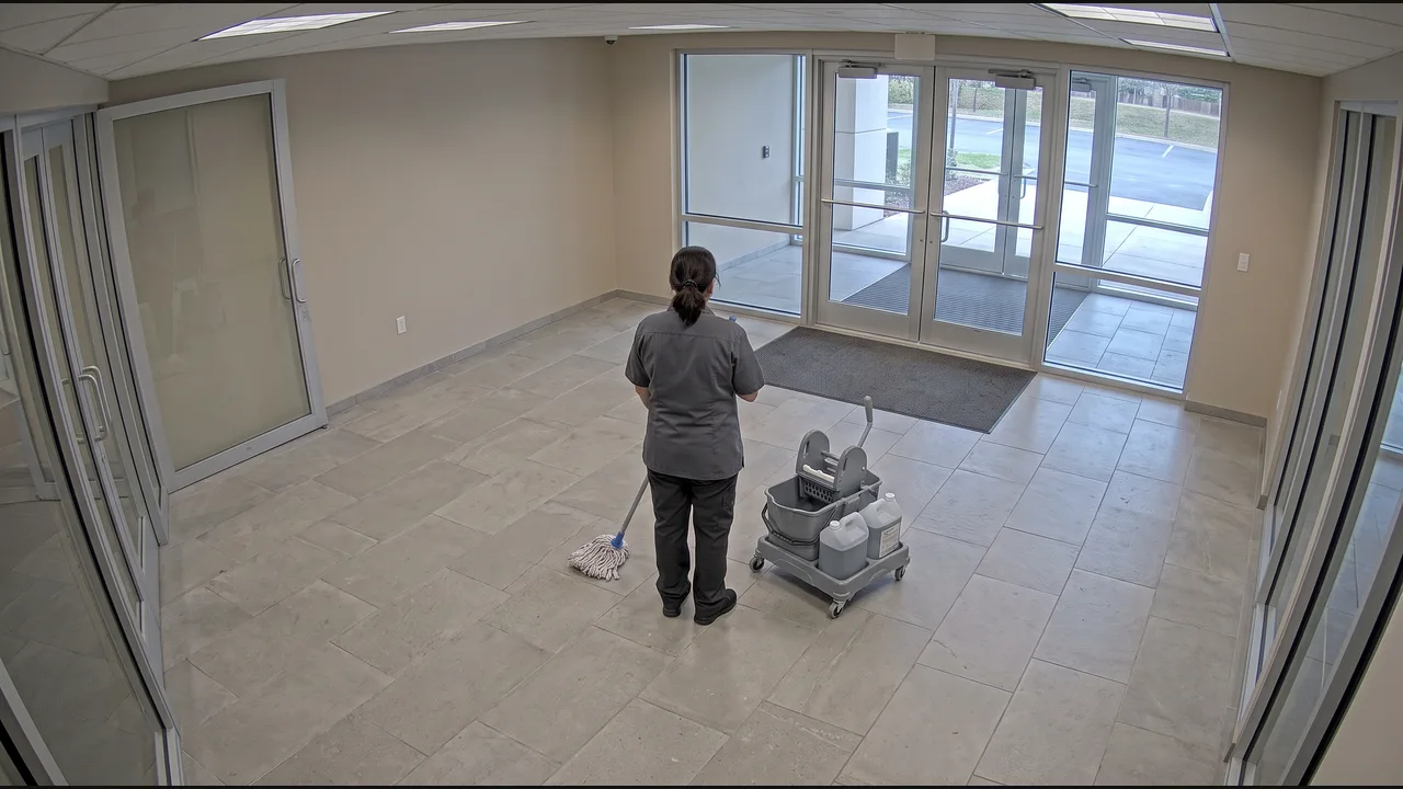 Lobby camera: a cleaner, seen from behind, finishes the floor beside a grey mop cart.