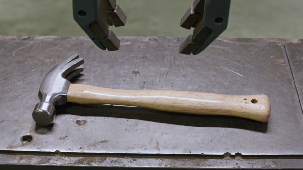 Generated robotics scene: a two-finger gripper lowers onto a claw hammer lying on a workbench, closes around the wooden handle, and lifts it.