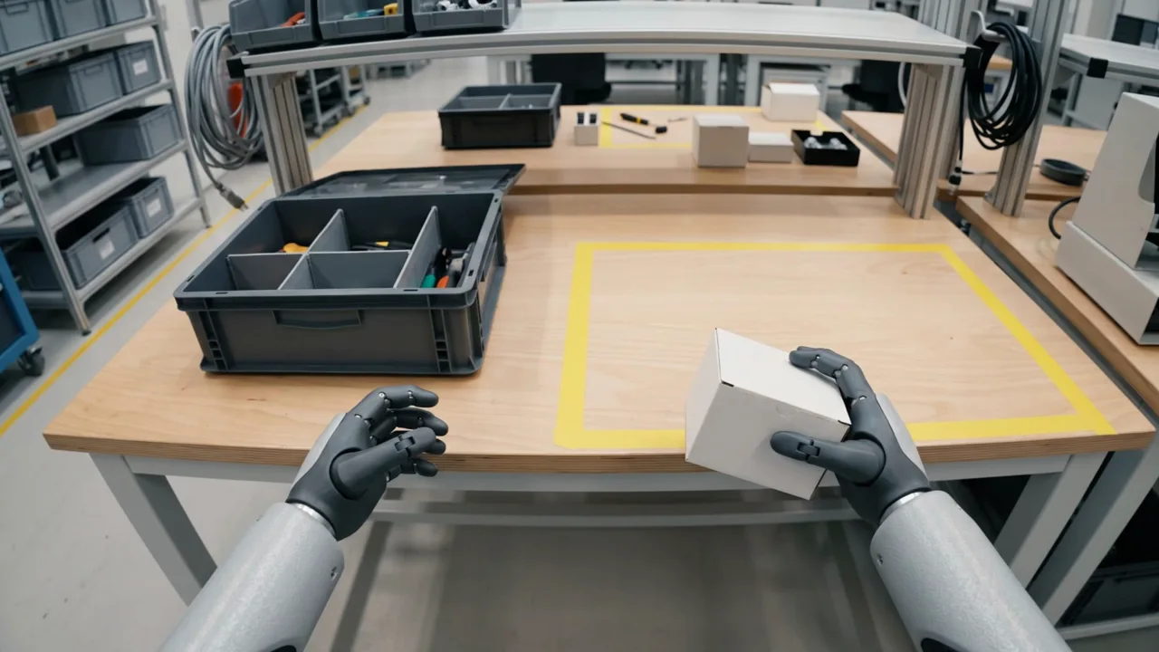 Generated robotics scene: seen from a humanoid robot's head camera, its right hand sets a small white box inside an area marked with yellow tape on a workbench.