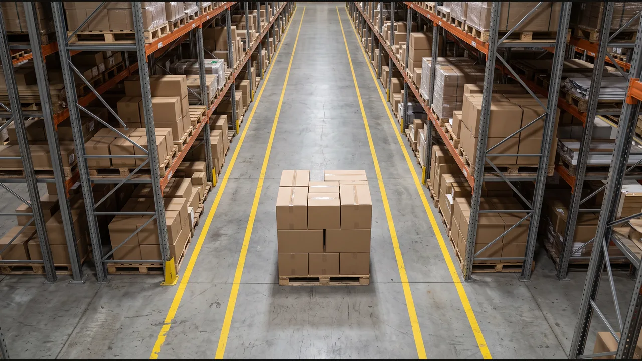 Warehouse camera: a pallet of plain cartons blocks the route between two yellow pedestrian lines.